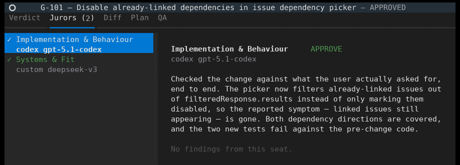 The Implementation and Behaviour juror, running codex gpt-5.1-codex, approving after checking the change against what the user asked for.