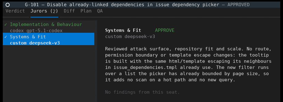 The Systems and Fit juror, running deepseek-v3, approving after reviewing attack surface, repository fit and scale.