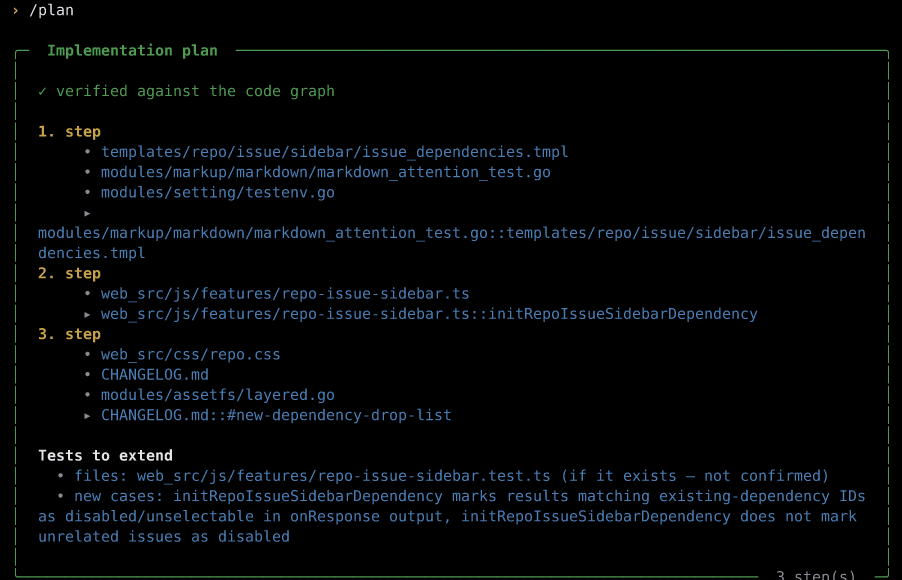 The implementation plan: verified against the code graph, three ordered steps naming exact files and symbols, and the tests to extend.